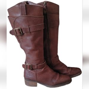 Womens Brown Soft Leather Side Zipper Tall Calf Buckle Riding Boot 9-9.5